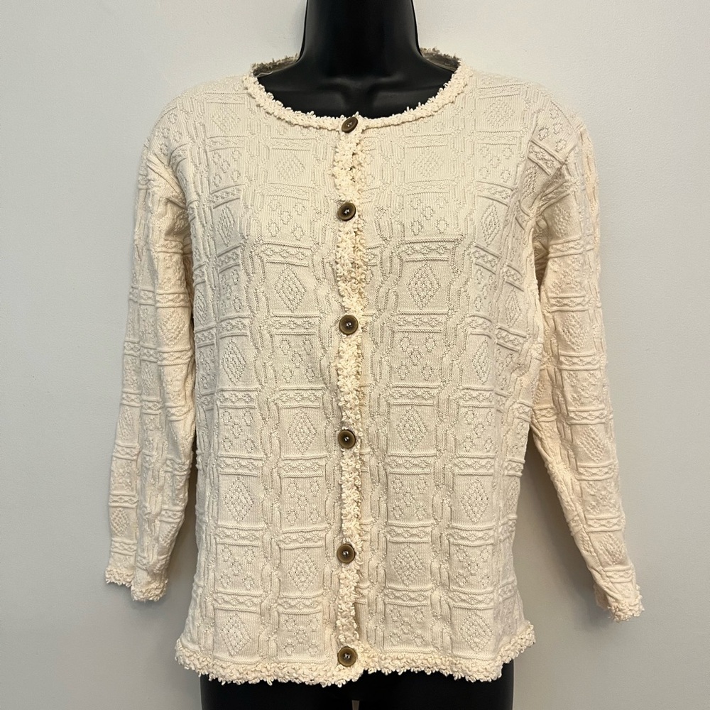 Las Americas Women’s Cottagecore Cream Cotton Button Front Cardigan, Size Small